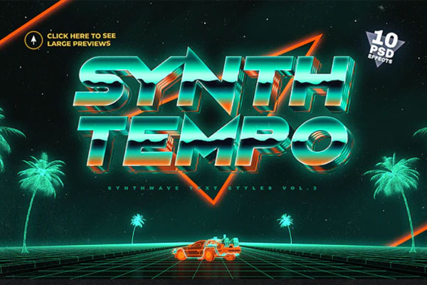 复古80年代合成波霓虹灯文字效果图层样式v3