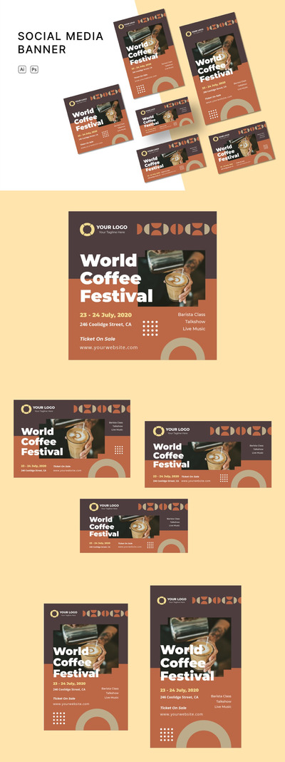 时尚简约清新高端咖啡馆instagram社交媒体banner海报设计模板-ai&psd