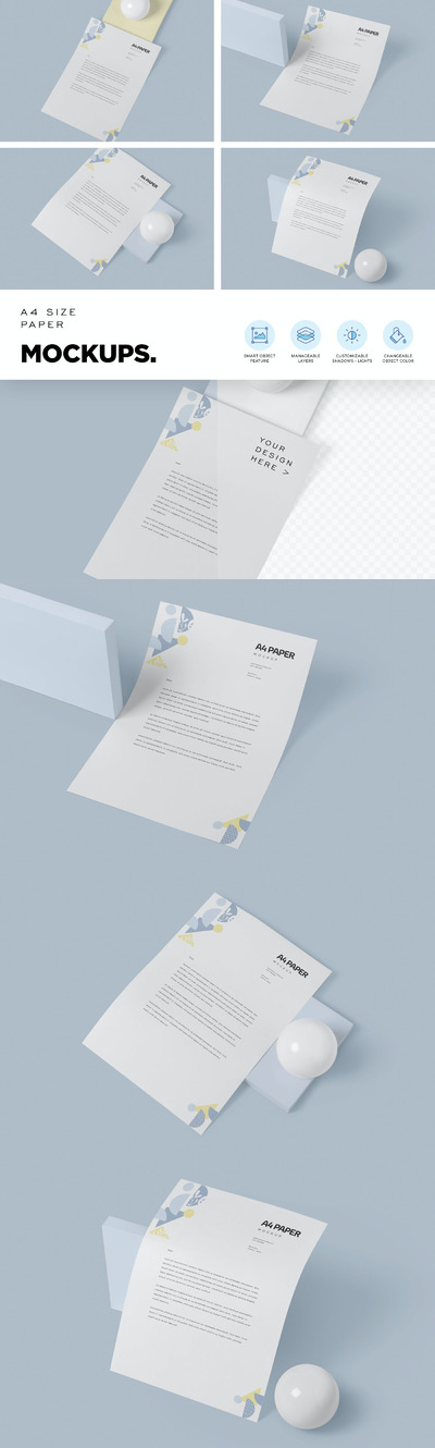 4张A4纸模型样机（PSD）