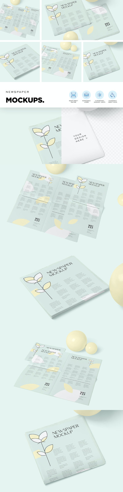 5份小报大小的报纸菜单模型样机下载（PSD）