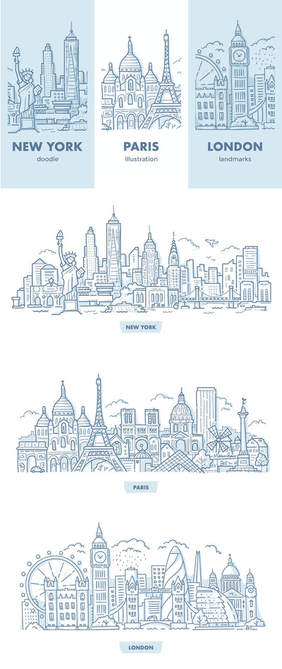伦敦巴黎纽约城市景观与地标矢量插图插画集合-AI，EPS，JPG，PSD，SVG，PNG