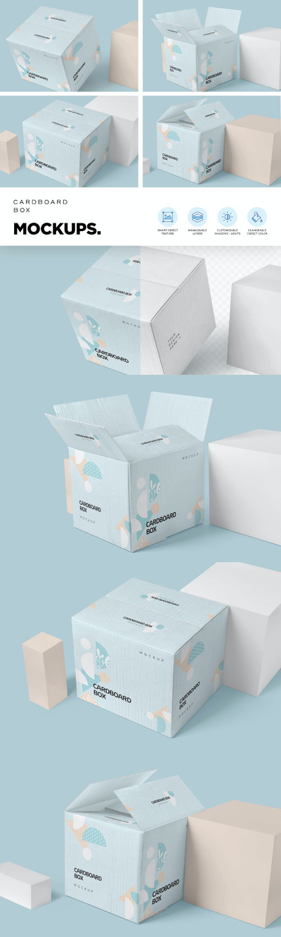 4个纸板箱模型样机下载（PSD）