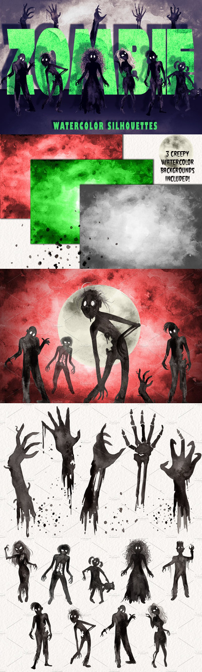 手绘水彩万圣节僵尸剪影水彩画