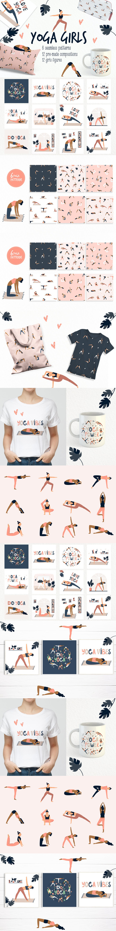 时尚清新可爱简约运动女孩瑜伽矢量插画设计模板-AI，JPG，EPS，SVG，PNG，PSD