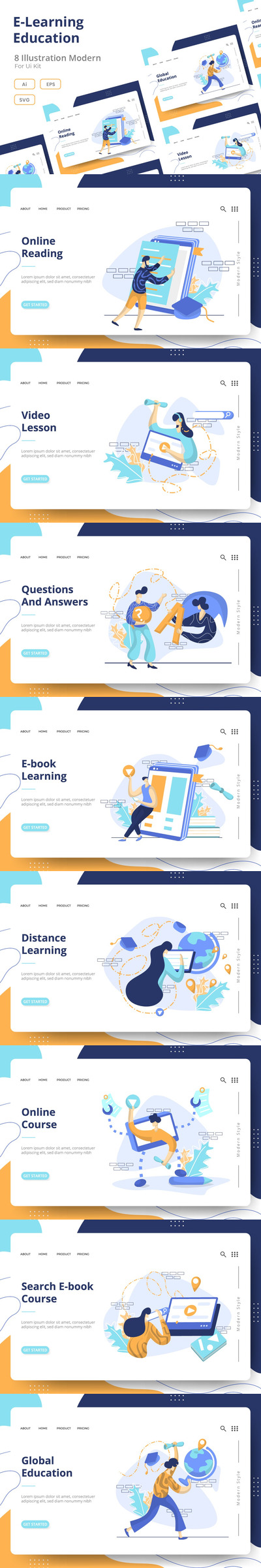 时尚高端简约扁平化风格在线学习网上教育banner海报着陆页矢量插画设计模板-AI，EPS，SVG，JPG