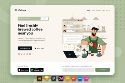 自制咖啡着陆页网页模板(AI,EPS,FIG,PDF,PNG,PSD,SKETCH,SVG,XD)
