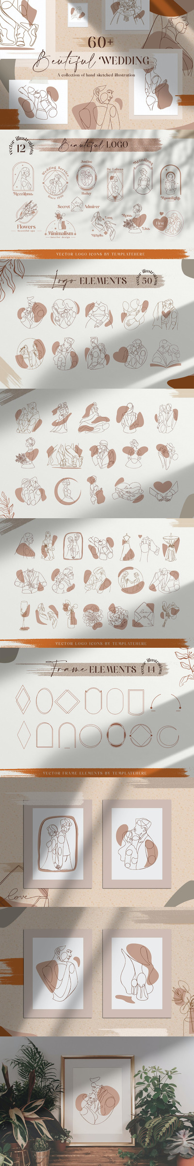 时尚高端优雅结婚婚礼矢量插画线条大集合-PNG，AI，EPS