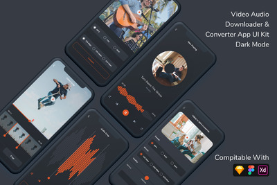 视频音频下载程序和转换器应用APP UI套件深色（SKETCH,FIG,XD）