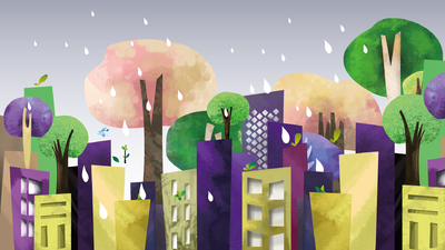 原创手绘插画-雨中城