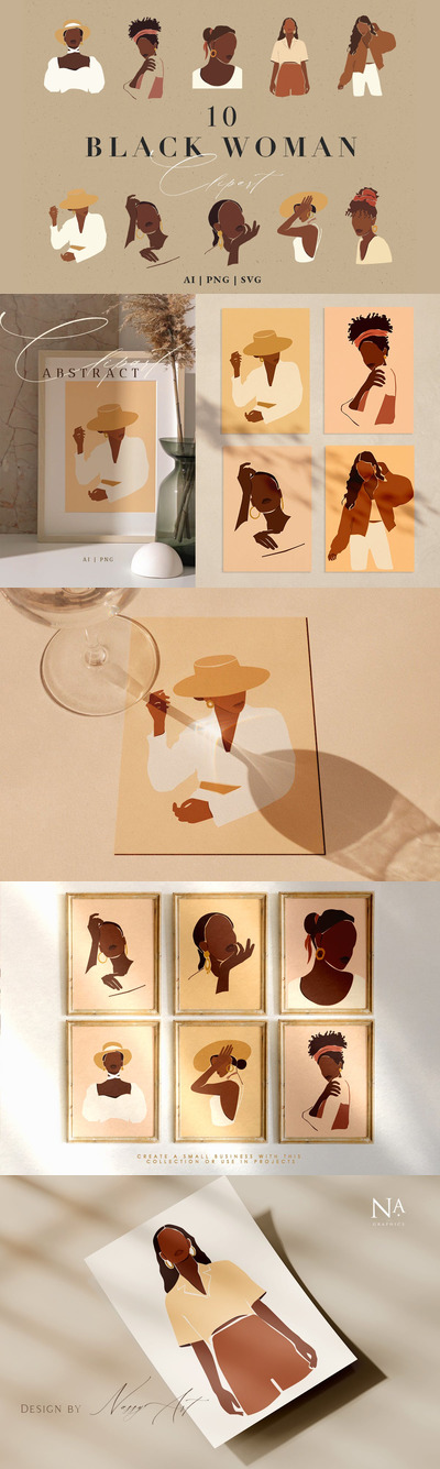 抽象的艺术风格黑人女性插画海报矢量元素大集合-AI，PNG，SVG