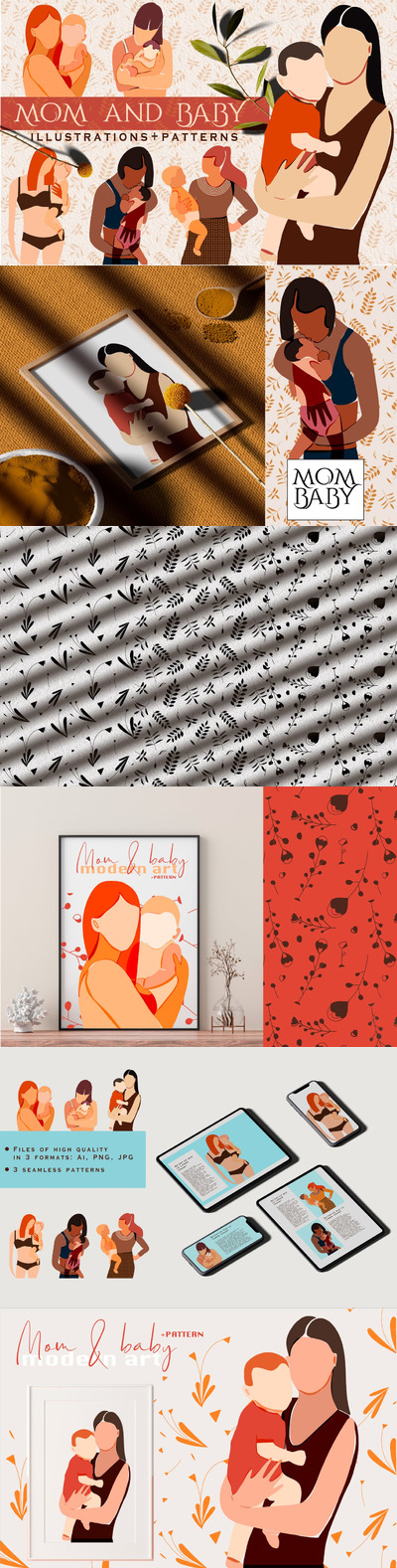 “妈妈和宝宝”现代艺术矢量插画+无缝背景底纹纹理集合