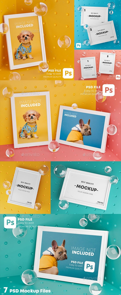 时尚的气泡元素艺术照白色画框样机合集