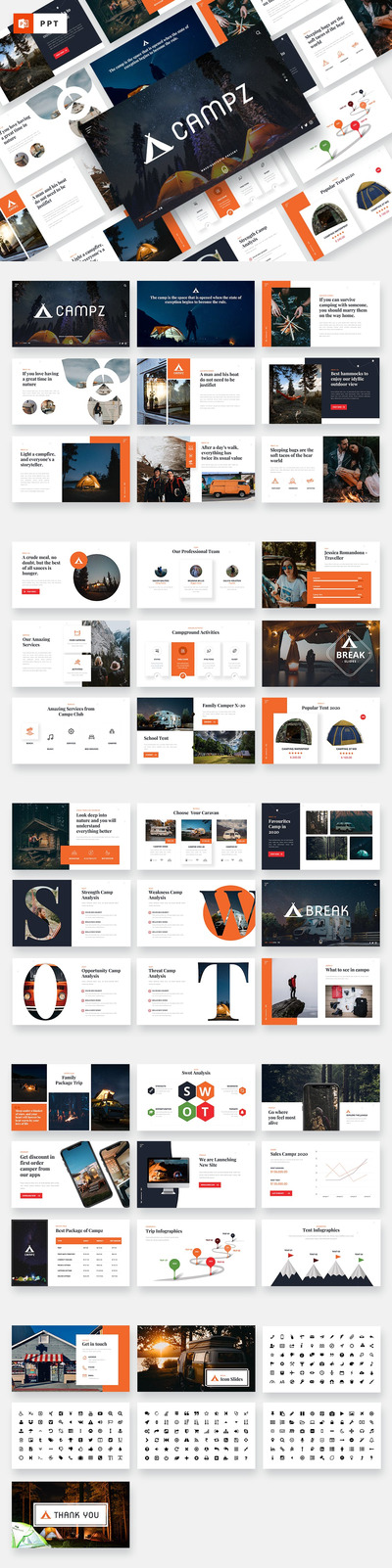 时尚高端多用途露营拓展训练SWOT分析大数据powerpoint幻灯片演示模板（pptx）