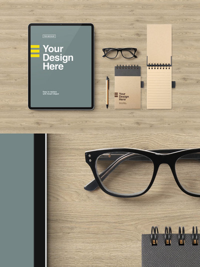平板电脑与文具组合展示样机下载（PSD）