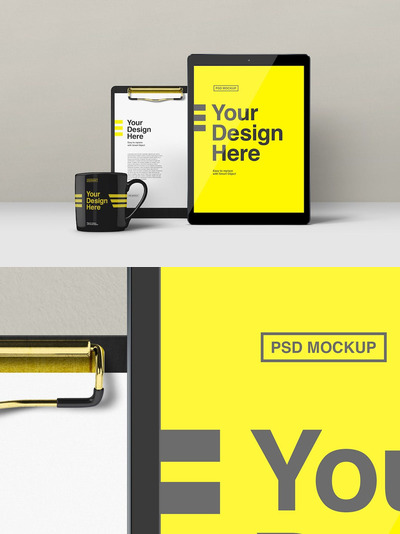 平板电脑与马克杯组合展示样机下载（PSD）