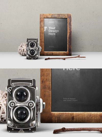 质朴的黑板和旧相机模型样机下载（PSD）
