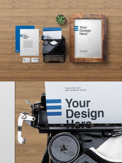 乡村画框老式打字机和文具模型样机下载（PSD）