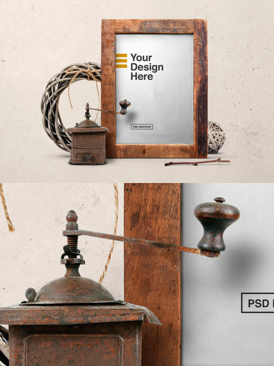木纹相框架和咖啡研磨机模型（PSD）