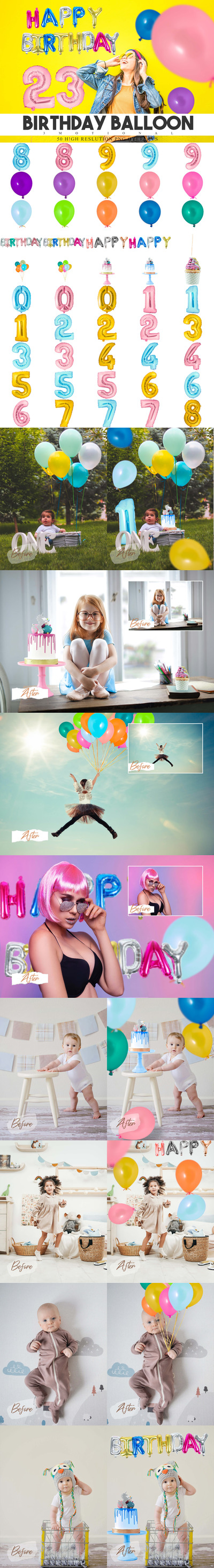 50个铝箔生日气球照片叠层PNG素材