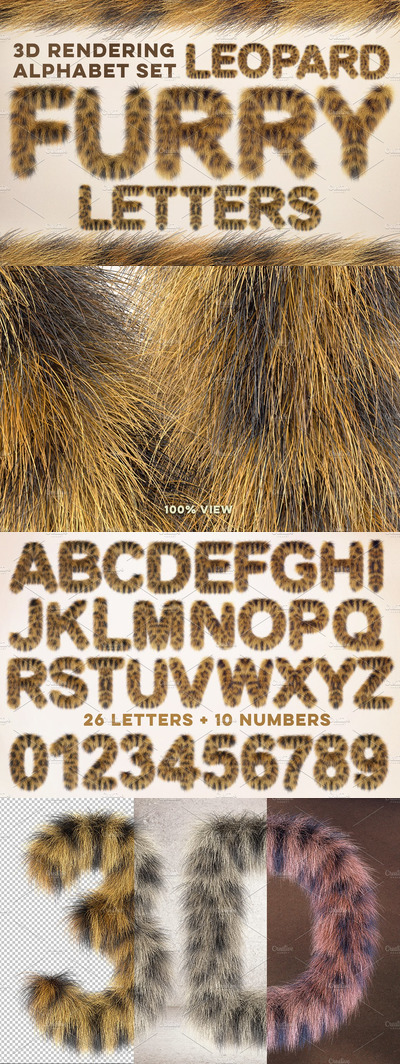 逼真的3D豹纹毛茸茸字母素材包