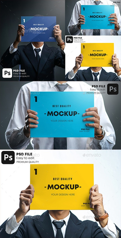 商人手持宣传单&海报样机集