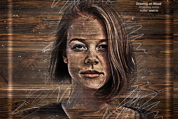 木板背景人像素描绘图照片效果ps动作下载