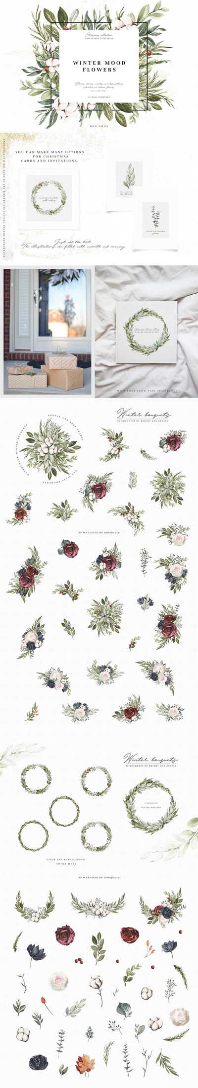 时尚高端清新简约冬天冬季花朵植物花环插画集合