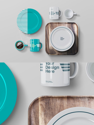 盘子、马克杯咖啡和木制托盘模型样机（PSD）