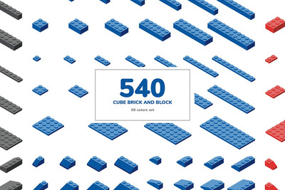 少见稀有的2.5D角度乐高玩具积木矢量插图插画集合AI，EPS，SVG