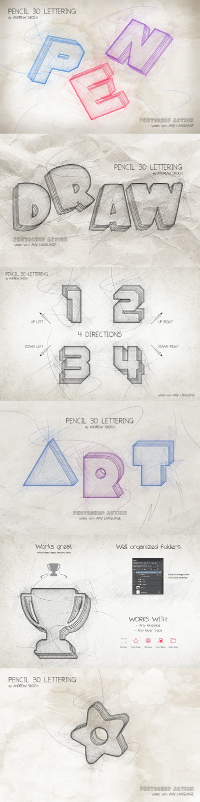铅笔素描风格3D立体字photoshop动作预设-ATN，ABR，PAT，PDF，PSD，PNG