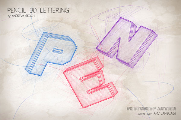铅笔素描彩色3D字体效果ps动作下载