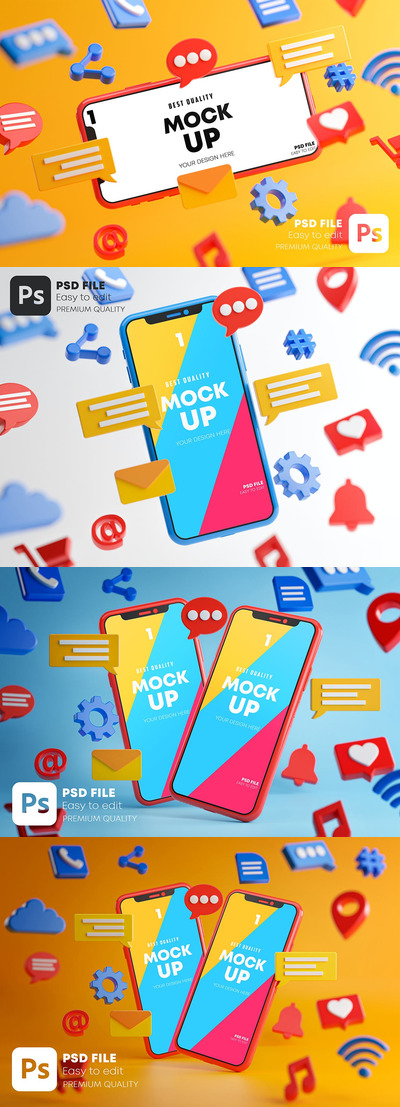 社交媒体组合手机样机（PSD）