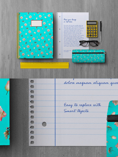 返校学校笔记本文具相关元素样机（PSD）