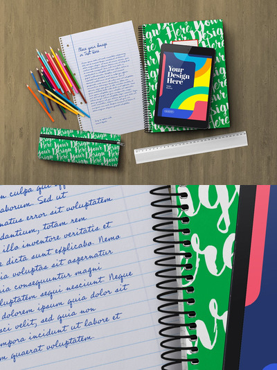 返校学校笔记本文具相关元素样机（PSD）