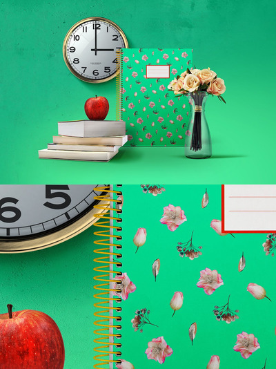返校学校钟表笔记本相关元素样机