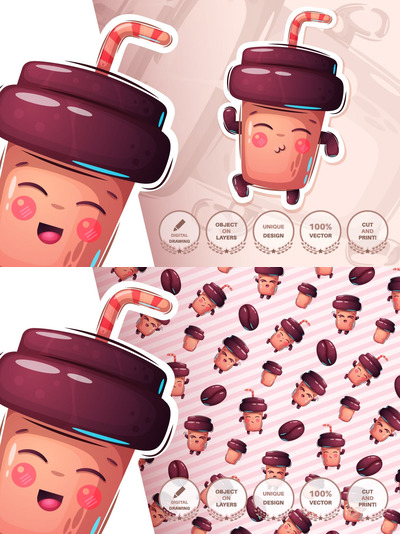 可爱清新又去得卡通咖啡无缝背景底纹纹理集合-AI，EPS，JPG，PNG，PSD