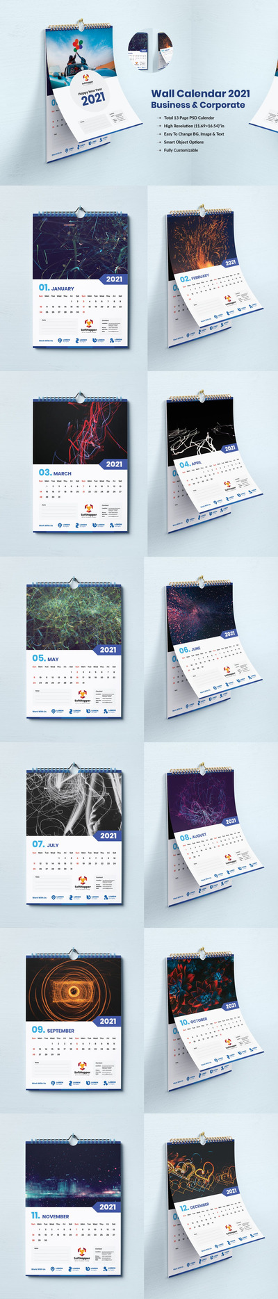 2021年日历企业公司挂历设计模板-PSD，JPG