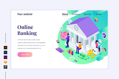 2.5D网上银行概念插画（AI,EPS,FIG,PDF,PNG,PSD,SKETCH,XD）