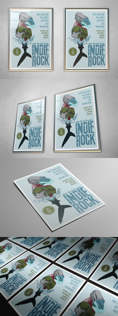 高端个性的鲨鱼独立摇滚传单海报设计模板-AI，PSD