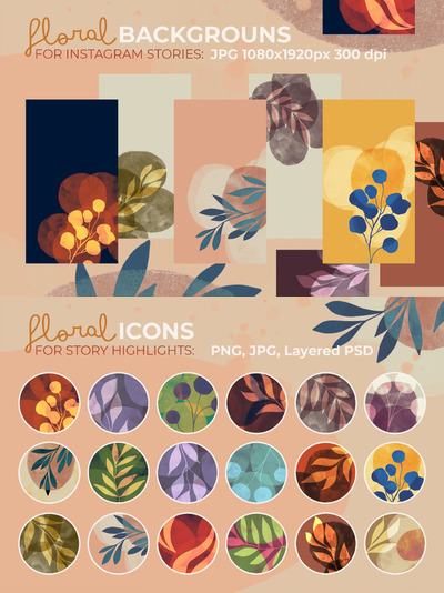 抽象花卉Instagram故事亮点和封面模板下载（JPG,PNG,PSD）