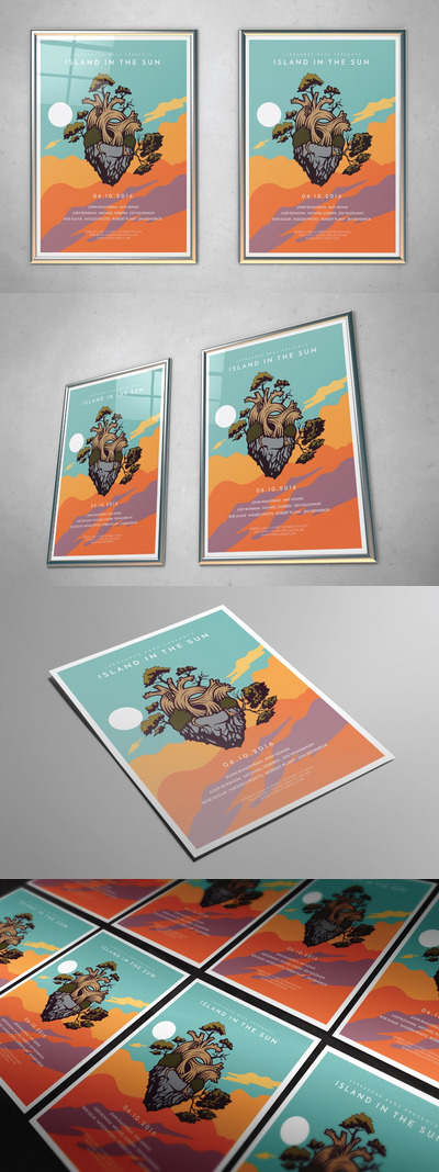 时尚高端个性创意心脏正负形太阳下​​的岛插图传单海报设计设计模板-AI，PSD
