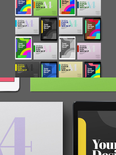 平板电脑和A4景观纸模型套装样机(PSD)