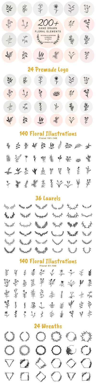 200个手绘花卉元素插画素材包