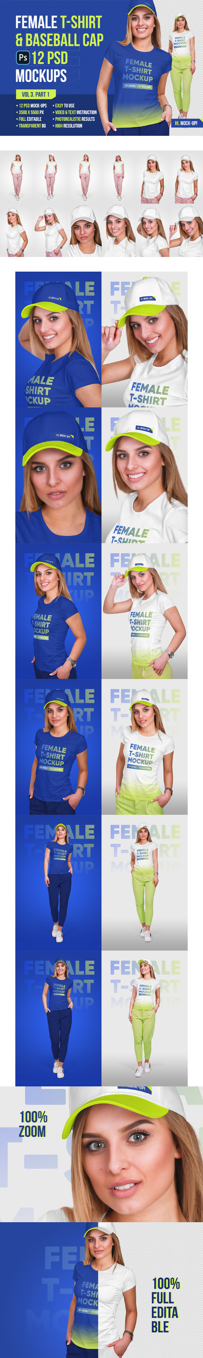 女式时尚休闲T恤&棒球帽设计样机