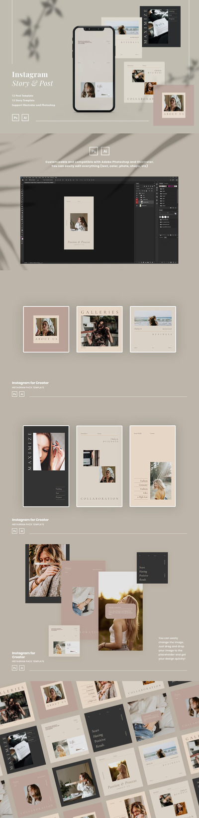 极简风格的高端优雅Instagram社交媒体banner海报设计模板集合-AI，PSD