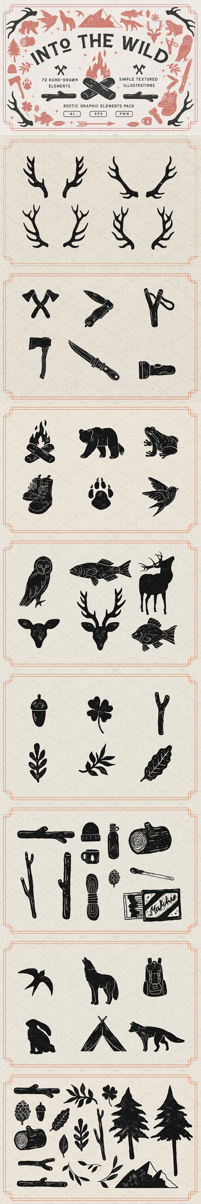 手工绘制的复古乡村动物&探险狩猎元素插画包