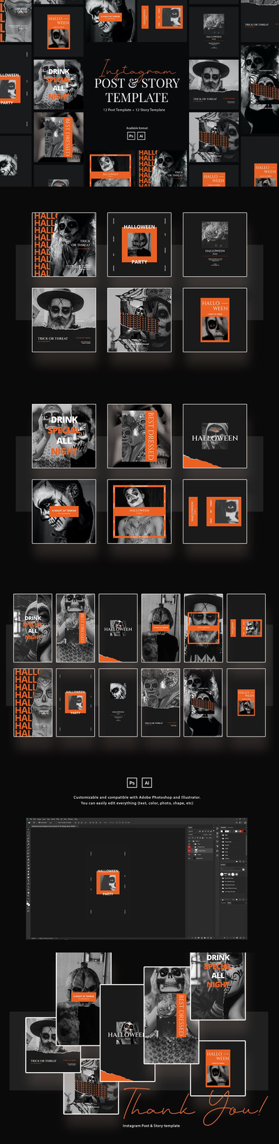 高端震撼的万圣节派对party Instagram社交媒体banner海报设计模板集合-AI，PSD