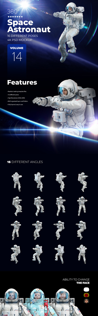 4K分辨率3D太空宇航员姿势效果图展示样机