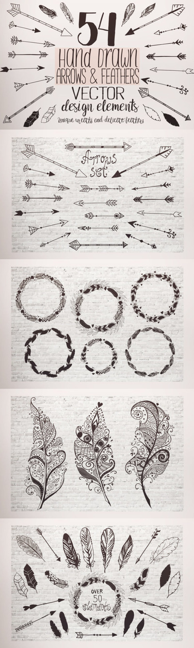 手绘羽毛和箭头剪贴画矢量素材集