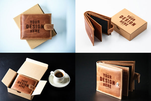 4个钱包品牌设计效果图展示样机模板